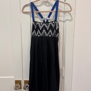 Anthropologie Leifnotes Dress Size 0 Black Blue White Sheath Empire Waist Midi